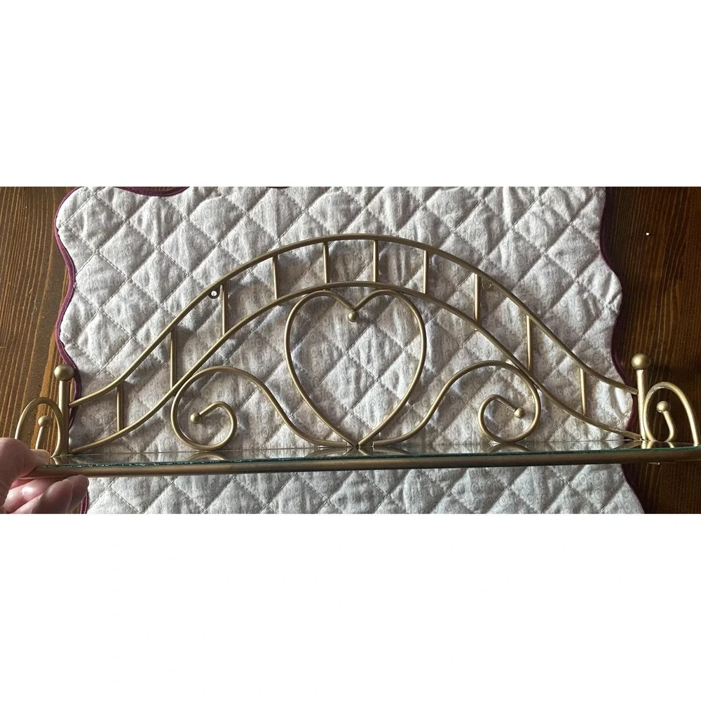 Vintage Glass Wall Shelf  Brass Heart Design Cottage Farmhouse Nursery Bathroom